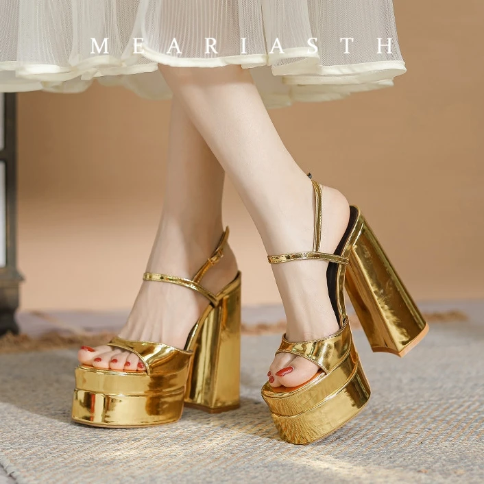 

14cm Ultra High heels Double Platform Wedges Women Sandals Fashion Patent leather Thick Heeled Gladiator Sandals Summer Shoes
