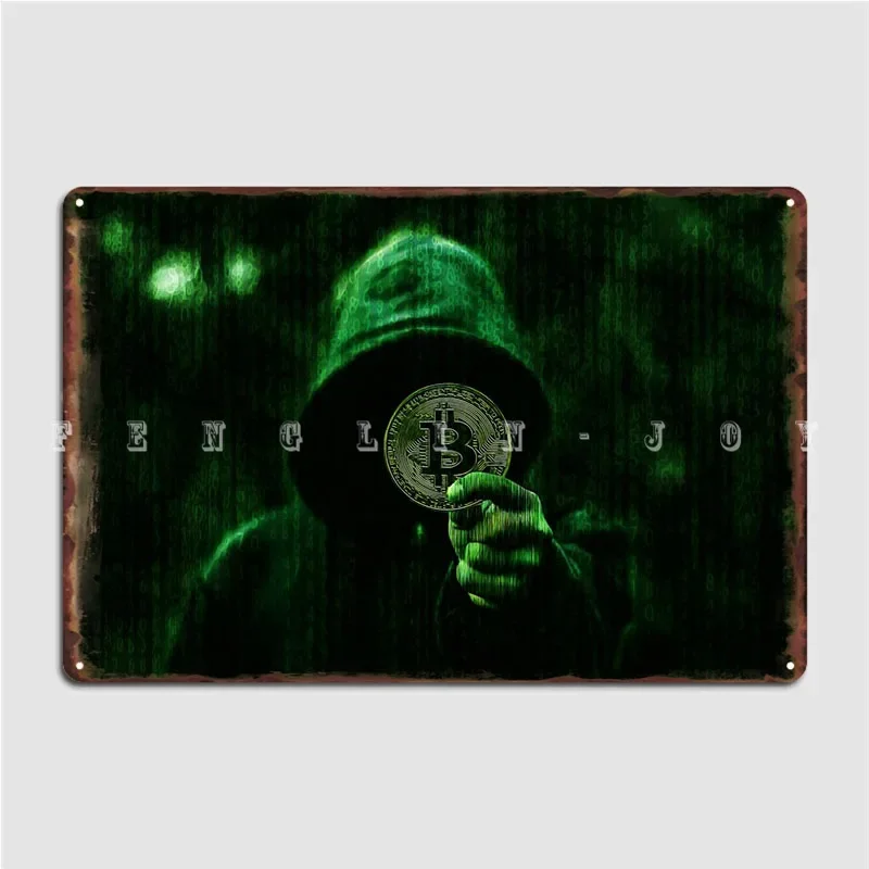 Hacker With Bitcoin Metal Plaque Poster Wall Decor Vintage Kitchen Cinema Garage Tin Sign Posters