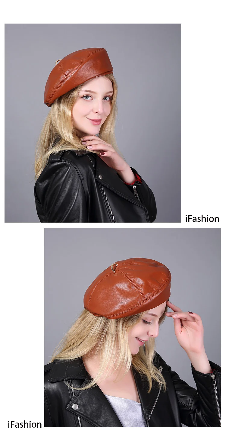 2025 frühling 100% Echt Leder Baskenmütze Hut Frauen Mode Europäischen Kürbis Maler Kappen Weibliche Regenbogen Farbe Weiß/Rot – Detail 9