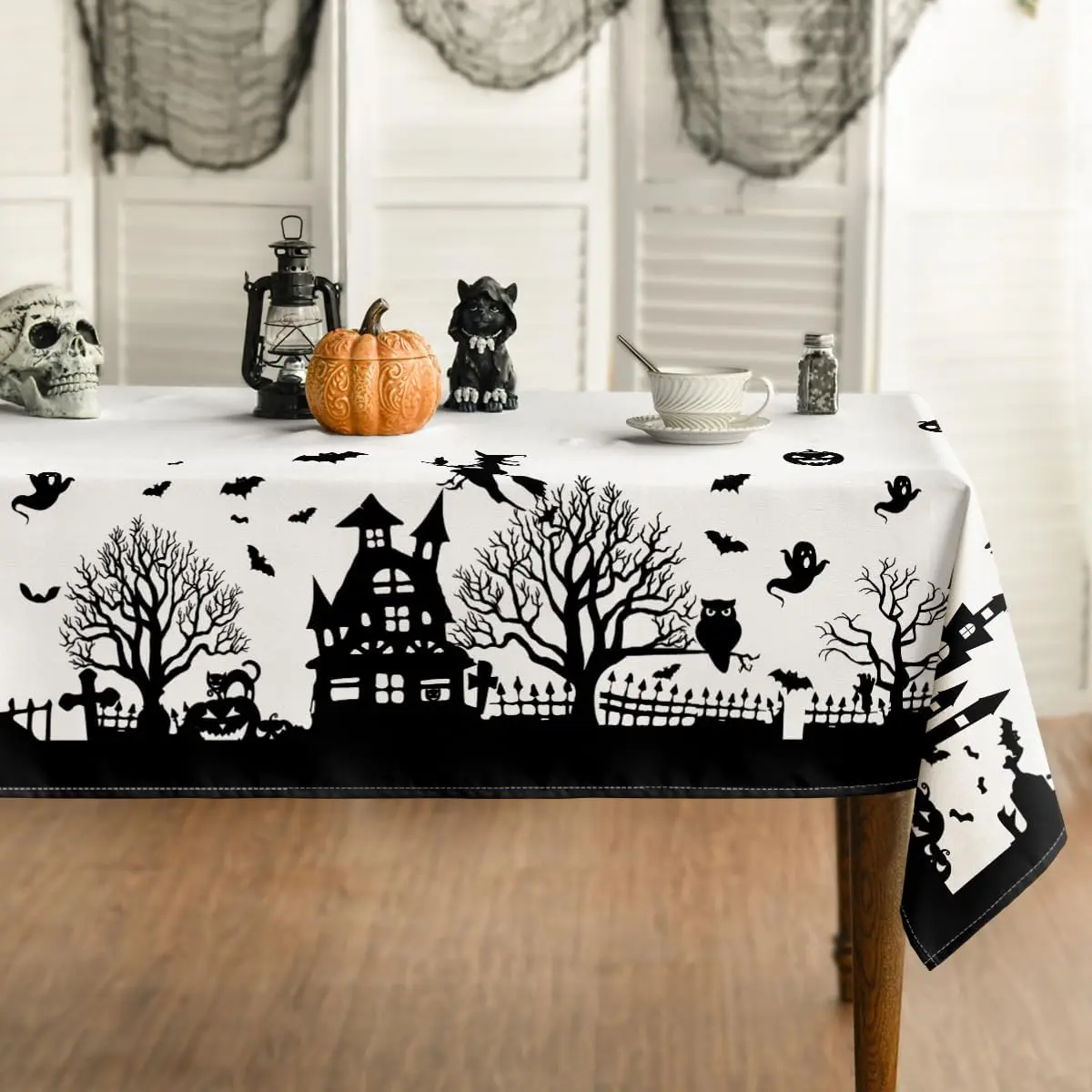 Halloween Castle Tree Scary Themed Rectangle Tablecloths Party Decor Bat Owl Pumpkin Printed Table Covers for Picnic Table Decor