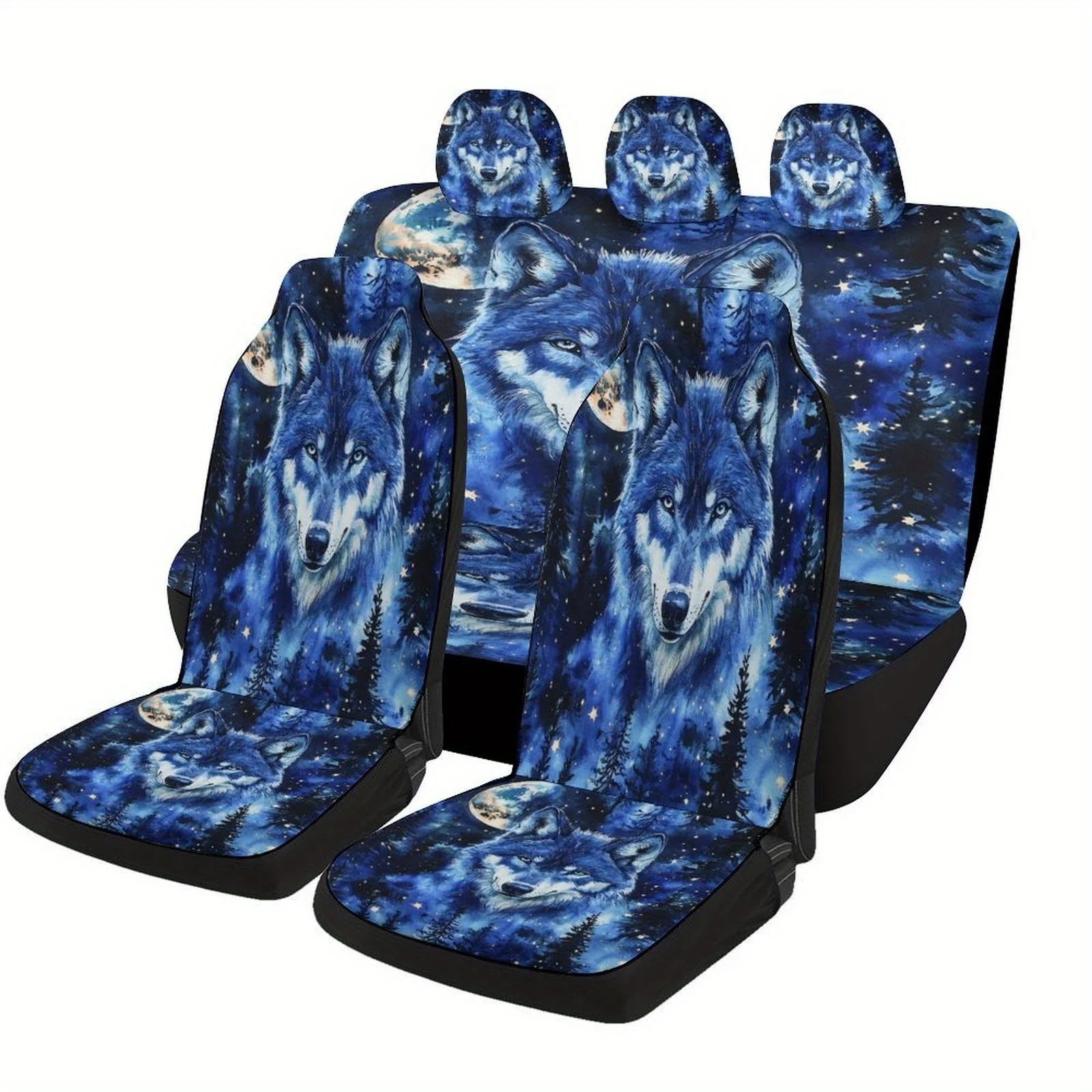 Wolf In Moonlight Forest Themed Car Seat Cover Set For Most Cars, Fashion Personalized Novelty Car Seat Protector Covers Full Se