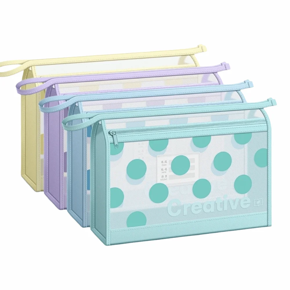 Durable Mesh File Bag Polka Dot Print Zipper Design Document Bag Double-Layer with Handle File Pouch Gift