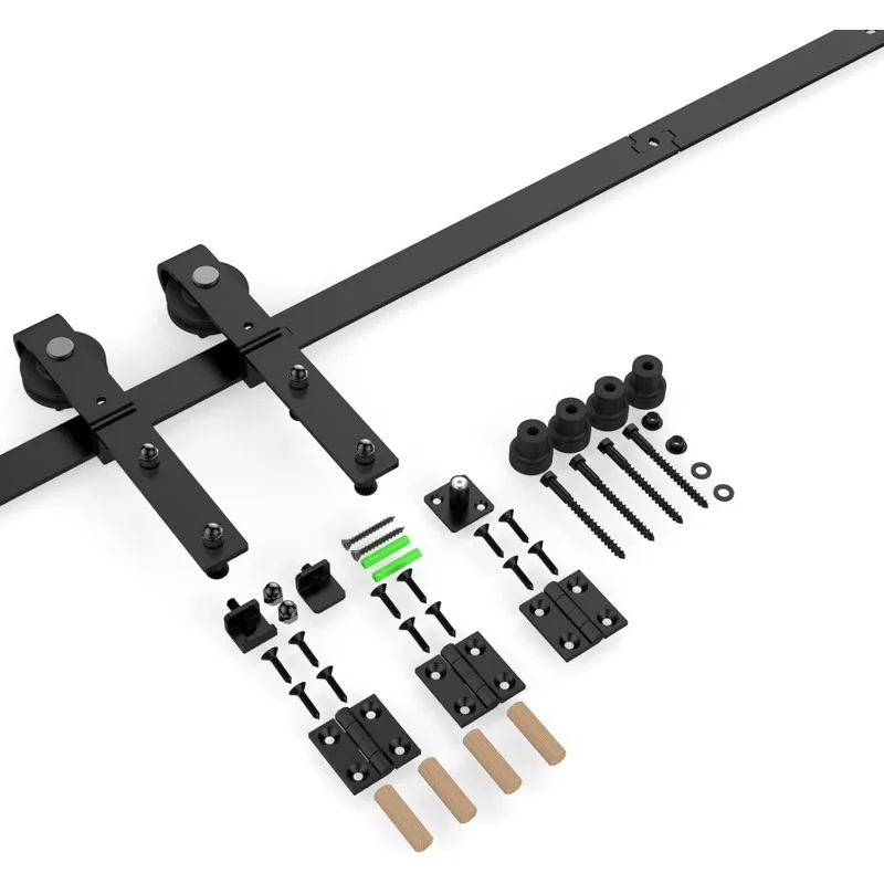 مجموعة أدوات باب الحظيرة المنزلقة ثنائية الطي مقاس 96 بوصة لبابين، تنزلق بسلاسة وهادئة، أسطوانة على شكل حرف J للمسار الأسود، بدون باب