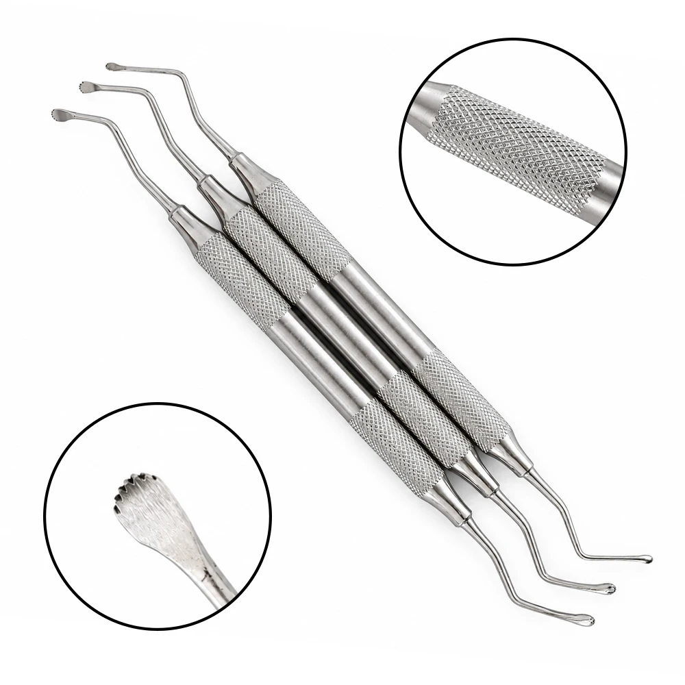 3-teiliges Dental Gracey Curette Set, gezahnte chirurgische Knochenspatel aus Edelstahl für die Parodontal- und Implantatpflege, Zahnmedizinische Instrumente – Detail 4