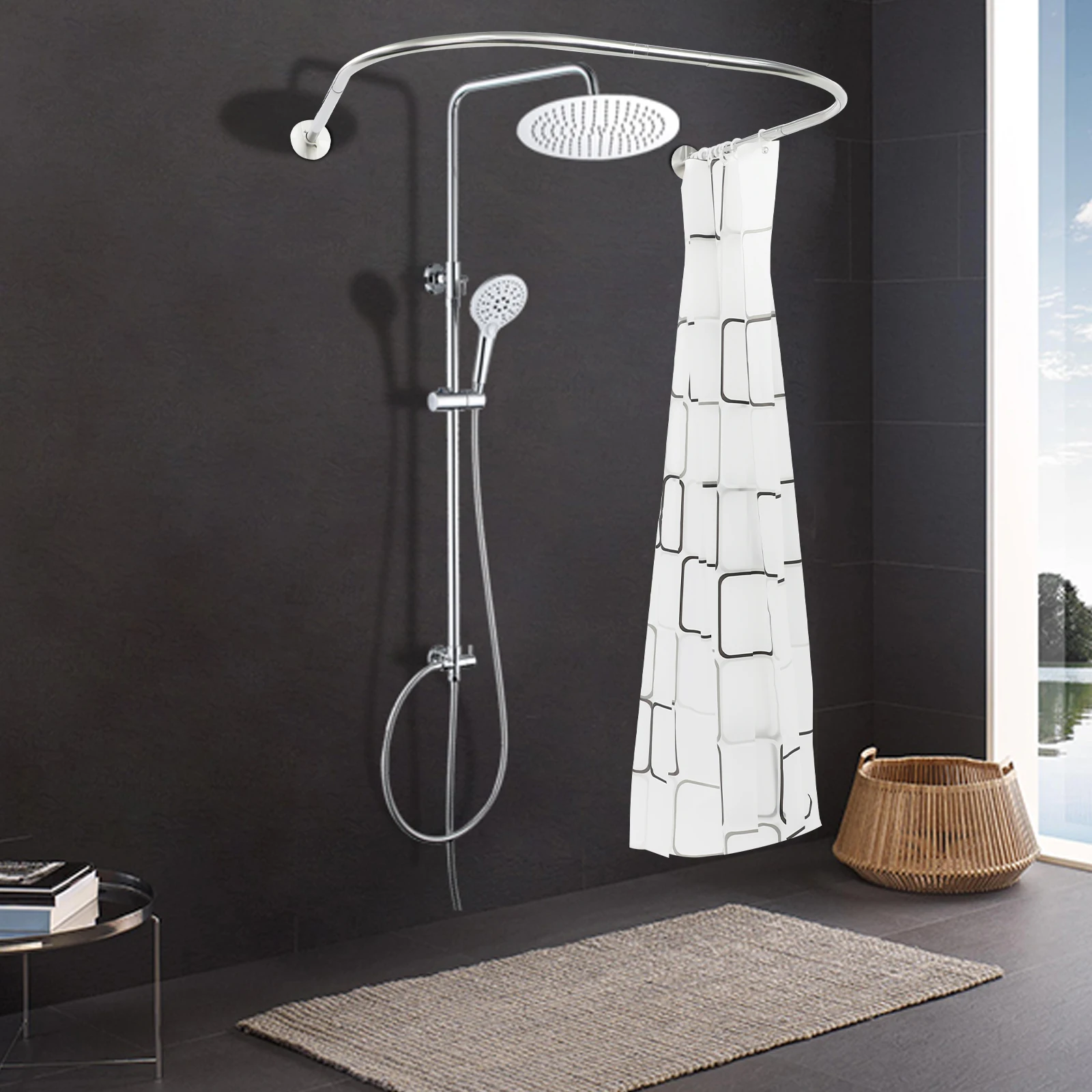 

2.4m*1.8m Shower Curtain Rod Kit 0.9-1.3m Shower Curtain Rail U Shape w/ Curtain 80-130 cm Shower Rail for Shower Curtain