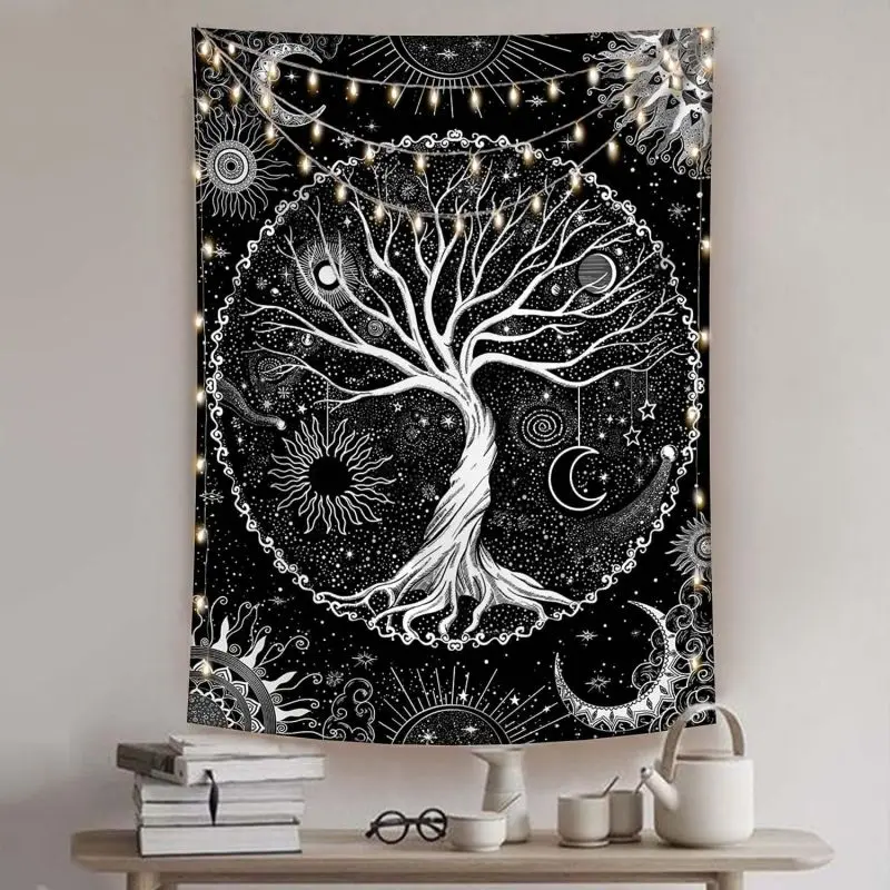 VIKAMA Baum des Lebens Wandteppich Sonne Mond Wandbehang für Schlafzimmer Wohnzimmer Studentenwohnheim Spirituelle Boho Heimdekoration