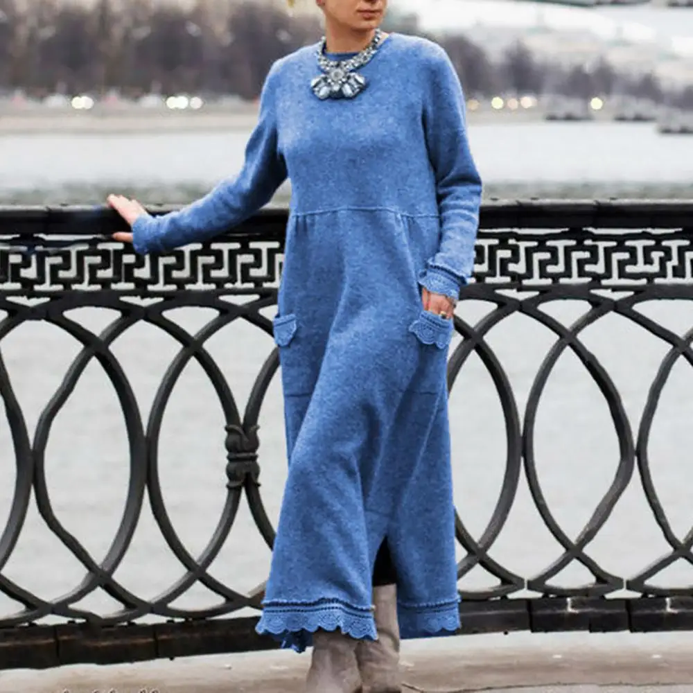 Women Sweater Dress Vintage Sexy Knit O Neck Split Dress Autumn Winter Long Sleeve Lacework Hem Plus Size Knitted Maxi Dress