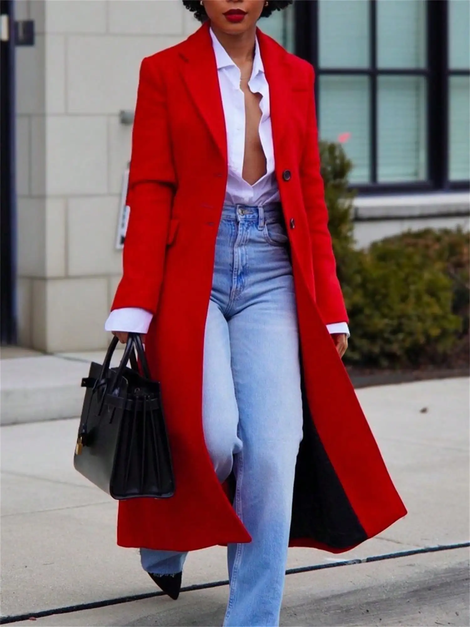 เสื้อโค้ทขนสัตว์สีดำสำหรับผู้หญิง, เสื้อโค้ททรงพีคอตแบบกระดุมแถวเดียวพร้อมปกและกระเป๋า, เสื้อคลุมฤดูหนาวสไตล์ลำลองสำหรับใส่ทำงาน