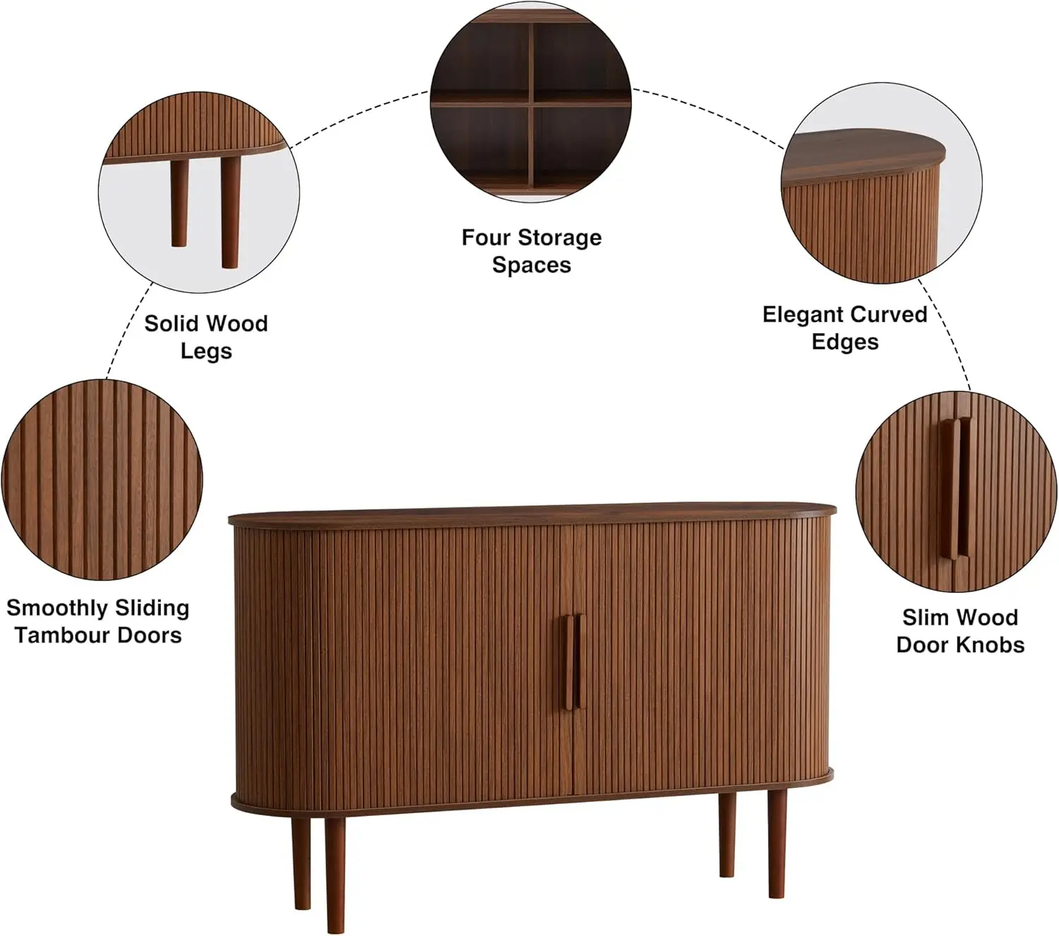 53' gecanneleerde dressoirkast, moderne credenza met schuifdeuren, notenhouten woonkamer eetkamer opbergruimte