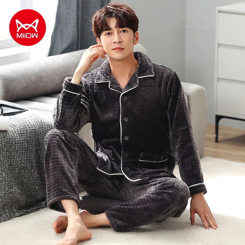 Winter Flannel Men's Pajamas Set Thick Coral Fleece Cardigan Lapel Homewear Warm Fleece Man Sleepwear Loose L-3XL Male Sleepwear