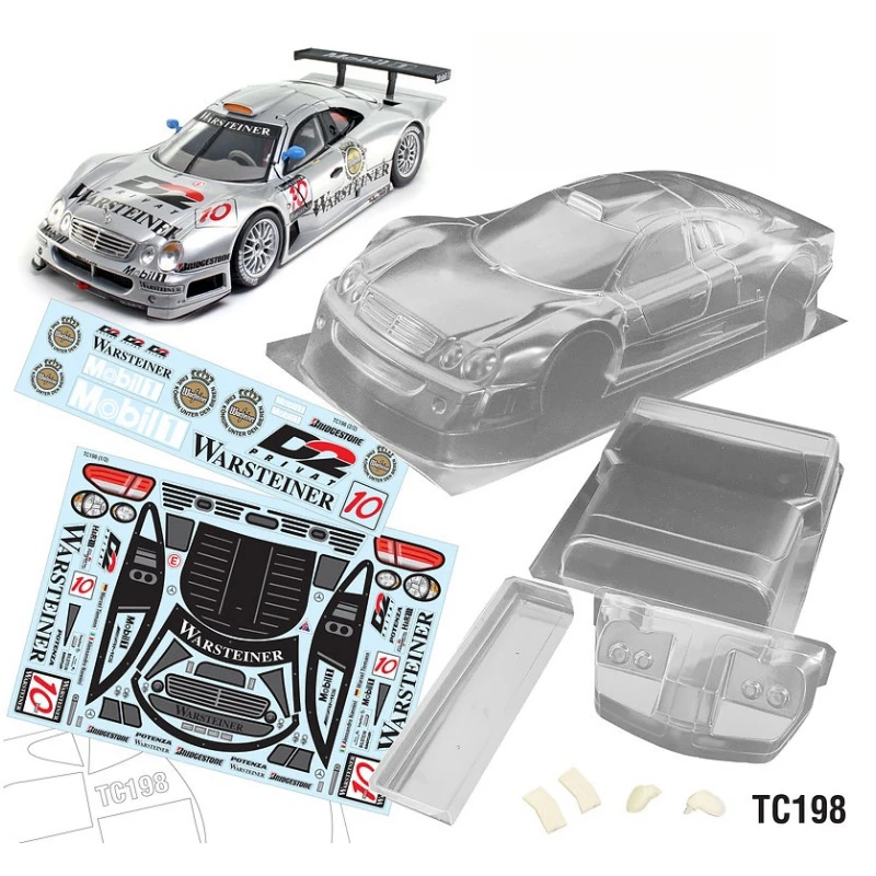 TC198 1/10 Benz CLK GTR Clear Body shell 190mm W/Light Buckle +Rear Wing +Mirrors and Decal sheet for RC Drift Car Tamiya tt02