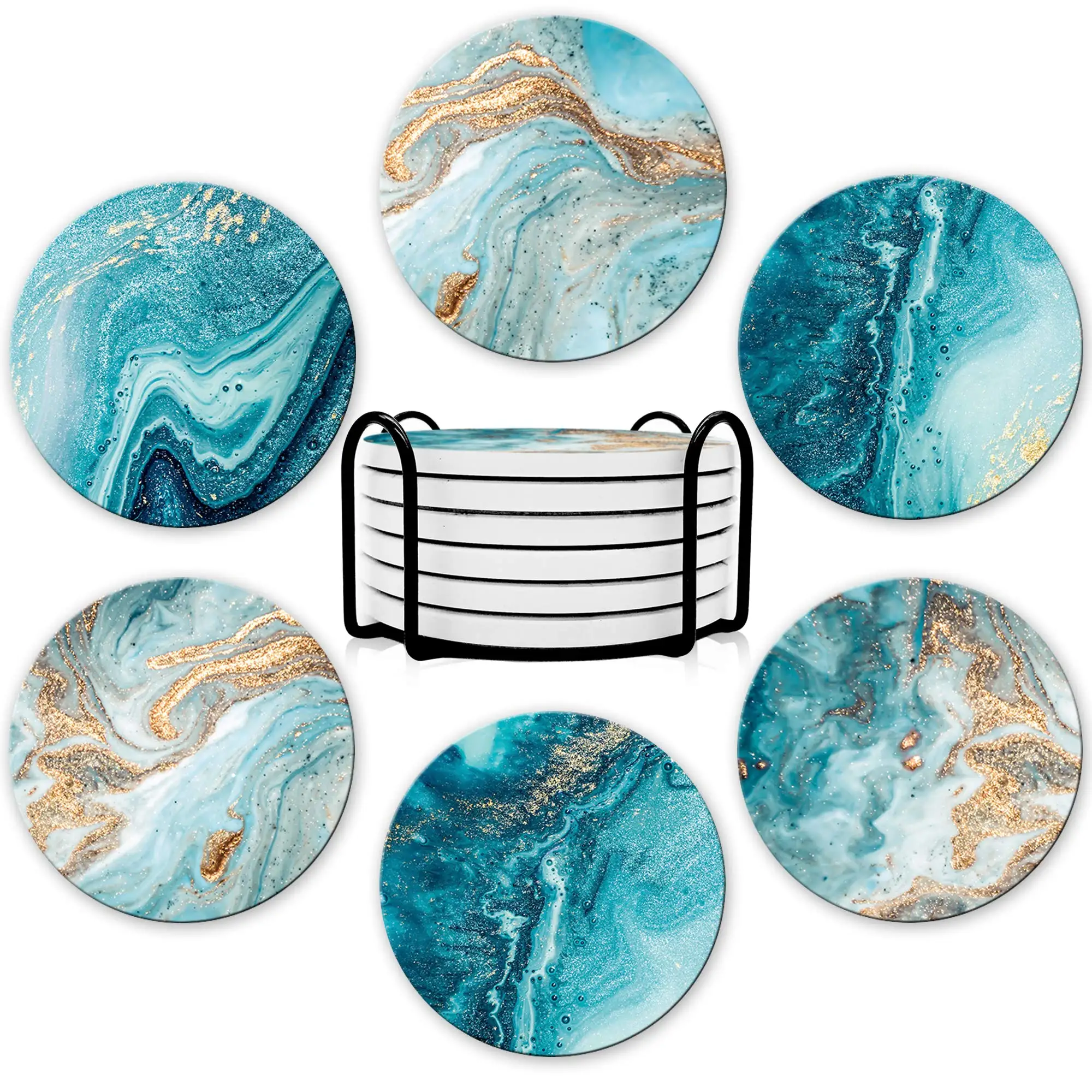 

4 Inch Coasters for Drinks, Round Absorbent Ceramic Stone Coasters Set of 6 with Cork Base,Drink Coaster with Holder,Teal Marble