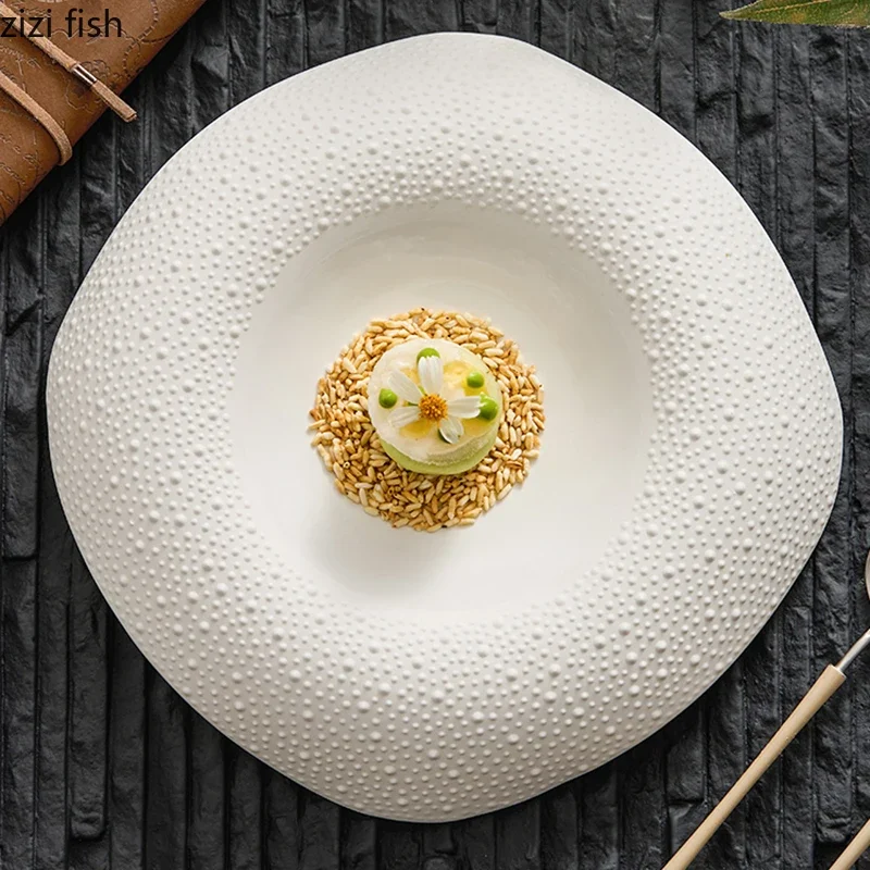 White Bead Dot Porcelain Plate Restaurant Dessert Snack Plate Pasta Dish Sashimi Dish Serving Plate Molecular Cuisine Tableware
