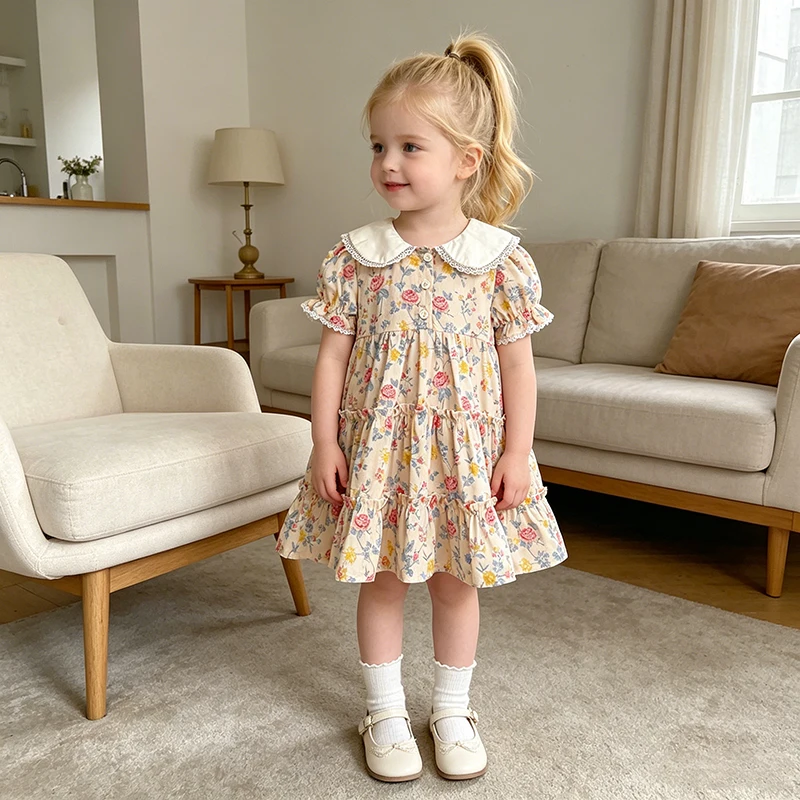 2026 New Girls Children Dress Summer 2-6Yrs Bubble Short Sleeve Dress Floral Print Ruffled Collar Cotton Sweet Dress