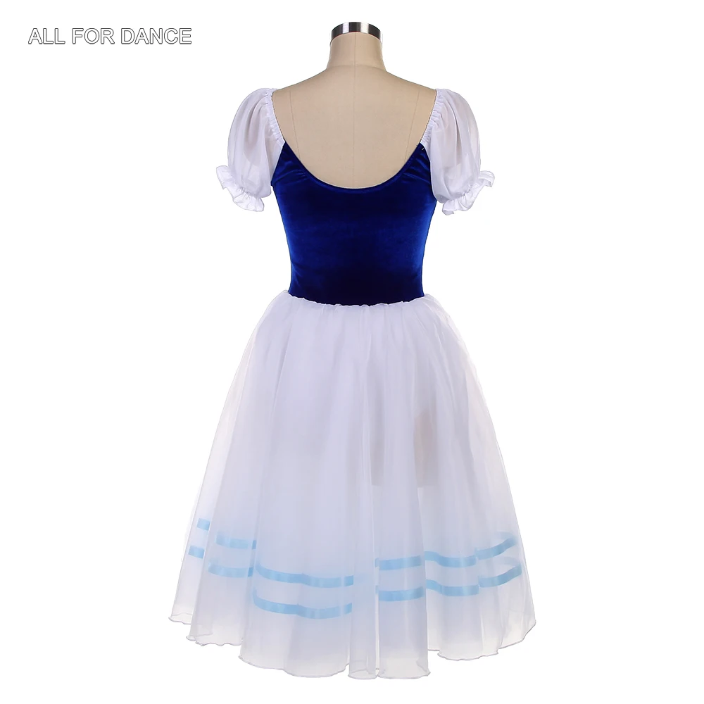26009 Ballett-Tanzkostüme für Erwachsene, romantisches langes Ballett-Tutu, königsblaues Samt-Oberteil mit weißen weichen Tüll-Tutu-Röcken