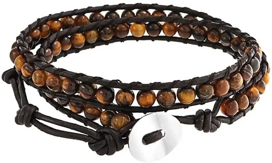 Brown Tiger Eye Layered Bracelet for Women Genuine Black Brown Leather Strand Double Layer Wrap Bracelet for Men