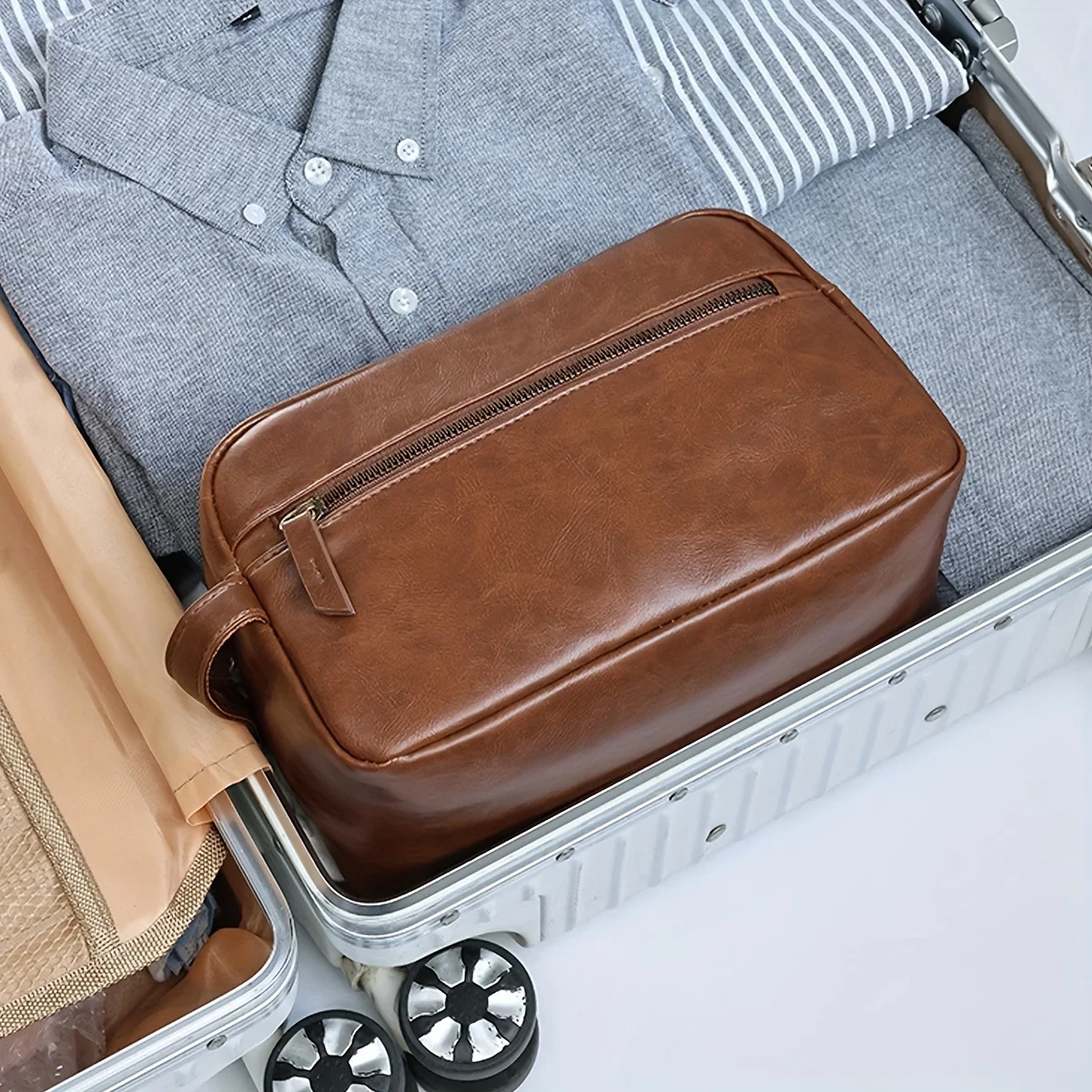 Tas Perlengkapan Mandi Kulit PU untuk Pria Wanita, Tas Perlengkapan Mandi Gantung Pria, Tas Perlengkapan Mandi untuk Perjalanan, Tas Kosmetik Besar untuk Bepergian ﻿