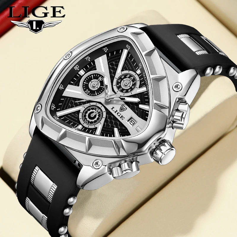 LIGE Luxury Fashion Watches Irregular Triangle Quartz Wristwatch Men Auto Date Clock Silicone Strap Waterproof Luminous Calendar