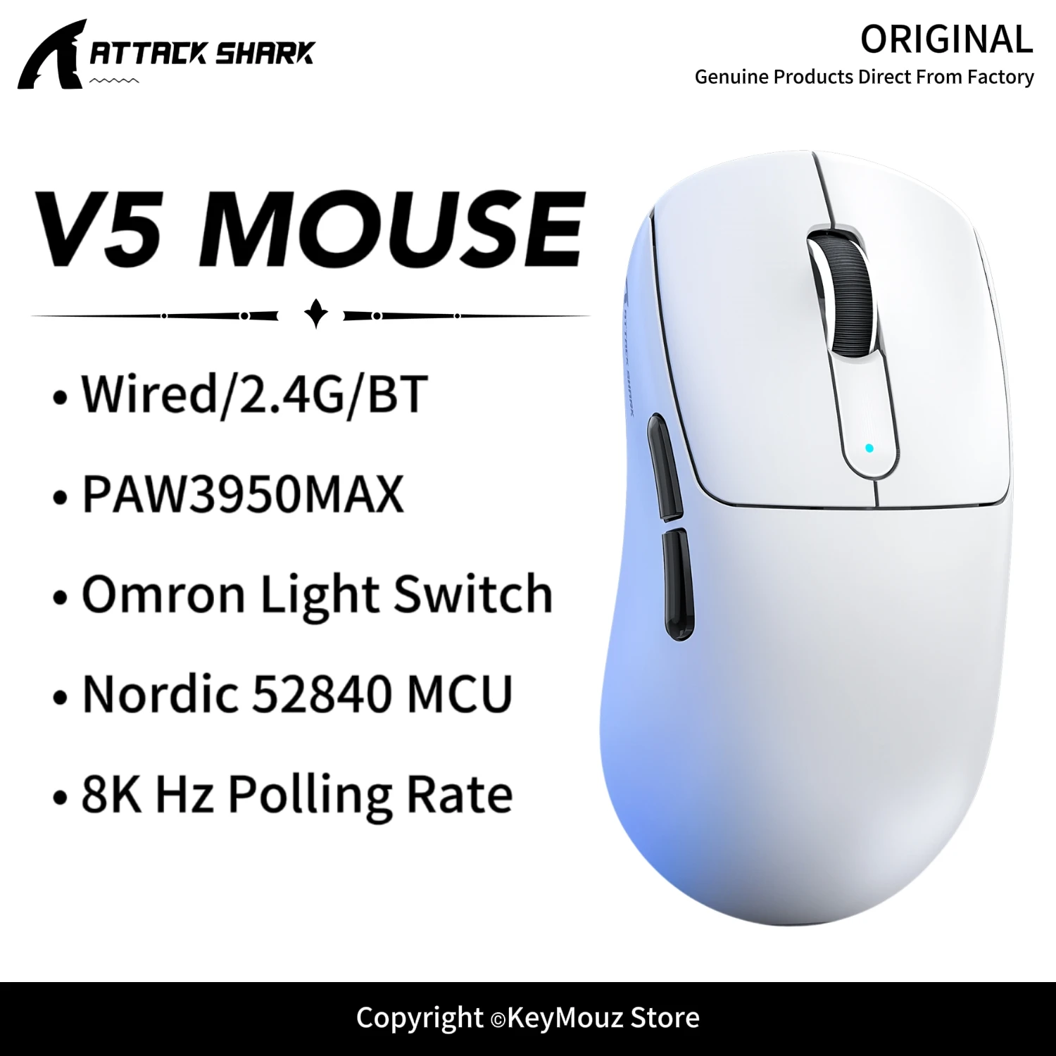 ATTACK SHARK V5 Wireless Gaming Mouse 8K Polling Rate PAW3950Max Sensor Lightweight Ergonomic Esports Mouse for FPS Players