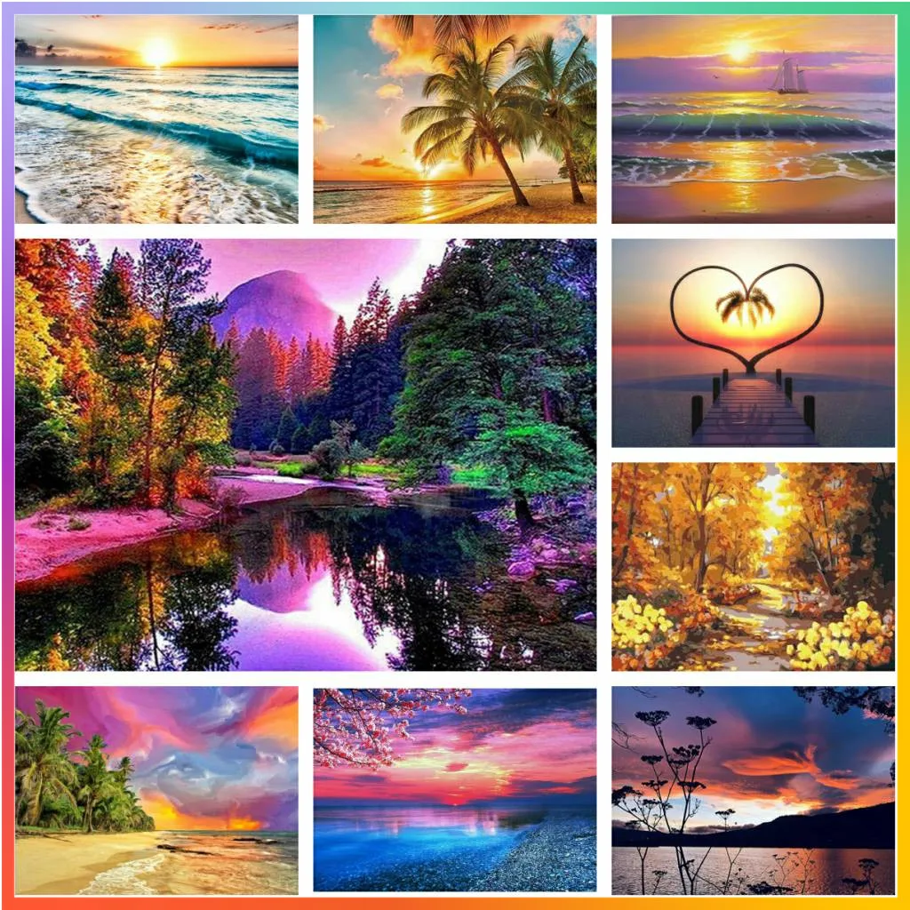 1PC frameless Beach Sunset Landscape Diamond Painting Cross Stitch 5D DIY Mosaic Embroidery Printed Creation Home Decor Adult