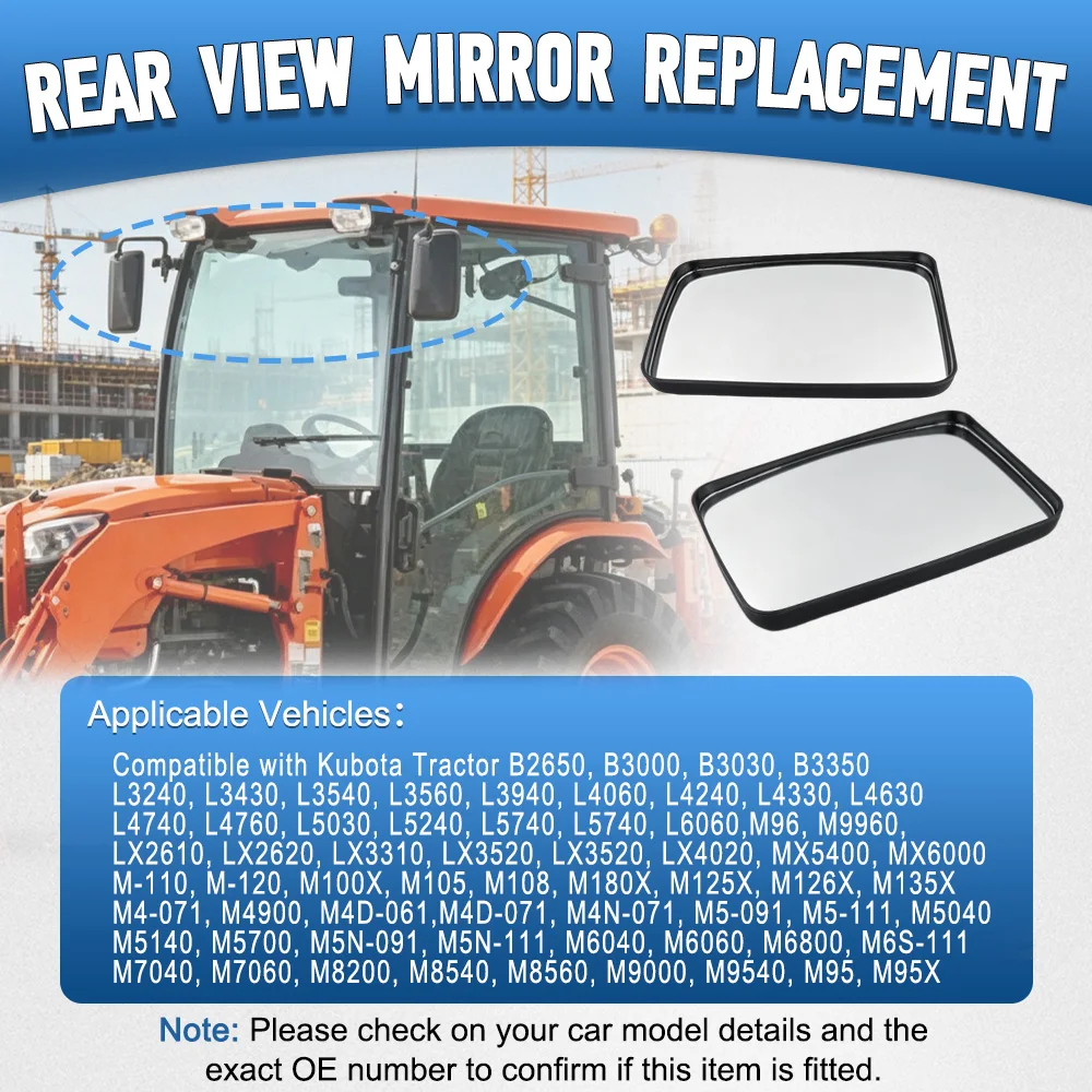2pcs Car Side Rearview Mirror 3F260-53342 for Kubota Tractor B2650 B3000 L3540 L5030 LX4020 M8540 M9000 White Curved Mirror