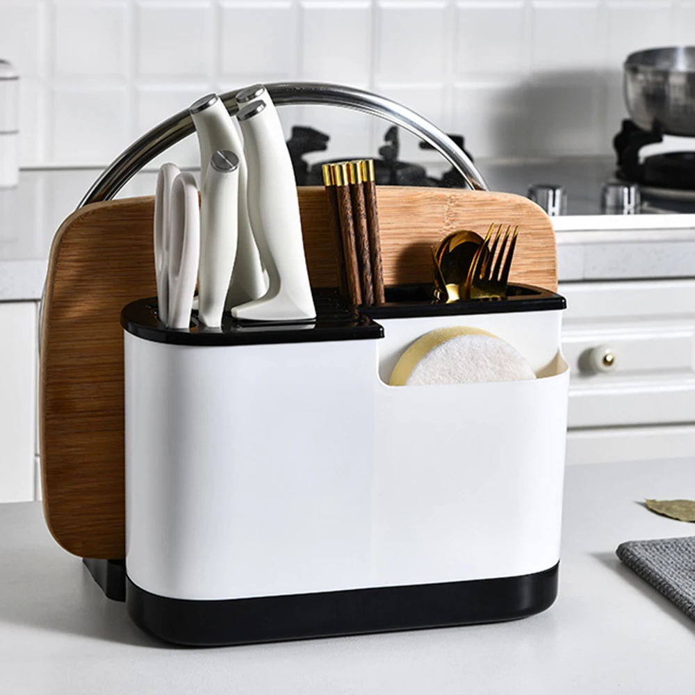 Kitchen Knife Storage Organizer for Countertop, Multifunctional Knife Blocks with Drain Tray Cutting Board Rack Tool Accessories