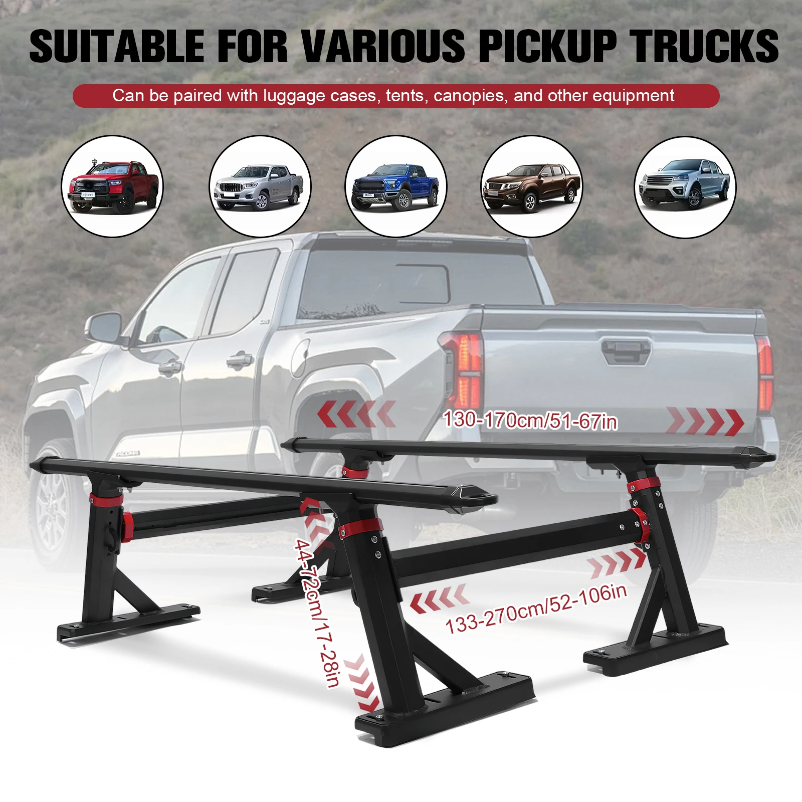 Aluminum 18-28in Height-Adjustable Truck Ladder Rack with T-Slots Truck Bed Rack Cargo Carrier Rack for Ford F-Series/Ram/Tacoma