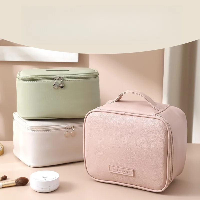 

Light luxury waterproof makeup bag with skin feel PU leather, portable travel handle, storage and toiletries bag, large capacity