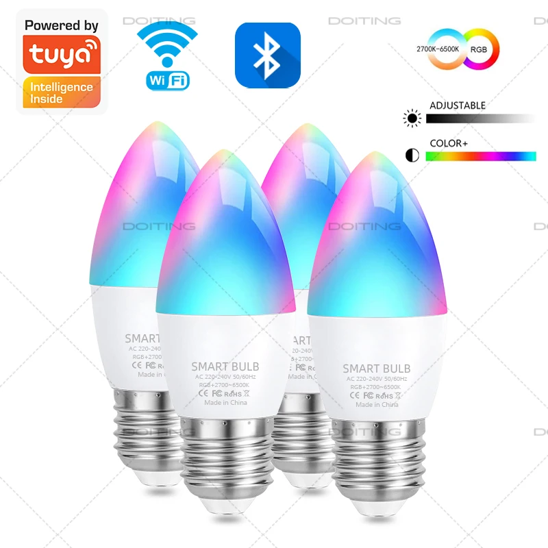 Tuya Smart Wifi Bluetooth Led Candle Light Bulb AC220V E27 E14 RGB Colorful Lamps 5W Works With Alexa Google Home Voice Control