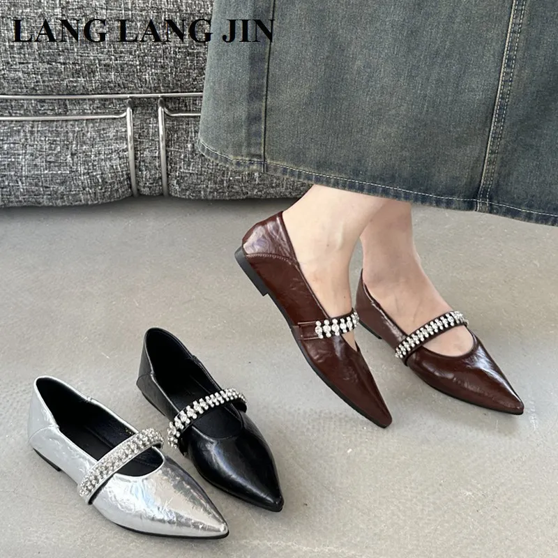 Retro Women Shoes Shallow Poinited Toe Female Footwear Autumn Black Sliver Flats Comfortable Dress Ballarinas Soft Loafers Mujer