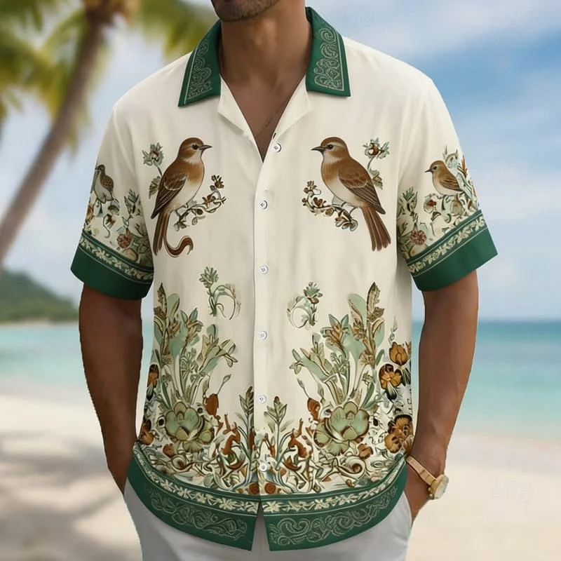 

Мужская элегантная рубашка с цветочным и птичьим принтом, изысканный ботанический стиль для летних вечеринок, мероприятий на открытом воздухе, отпуска и повседневной носки