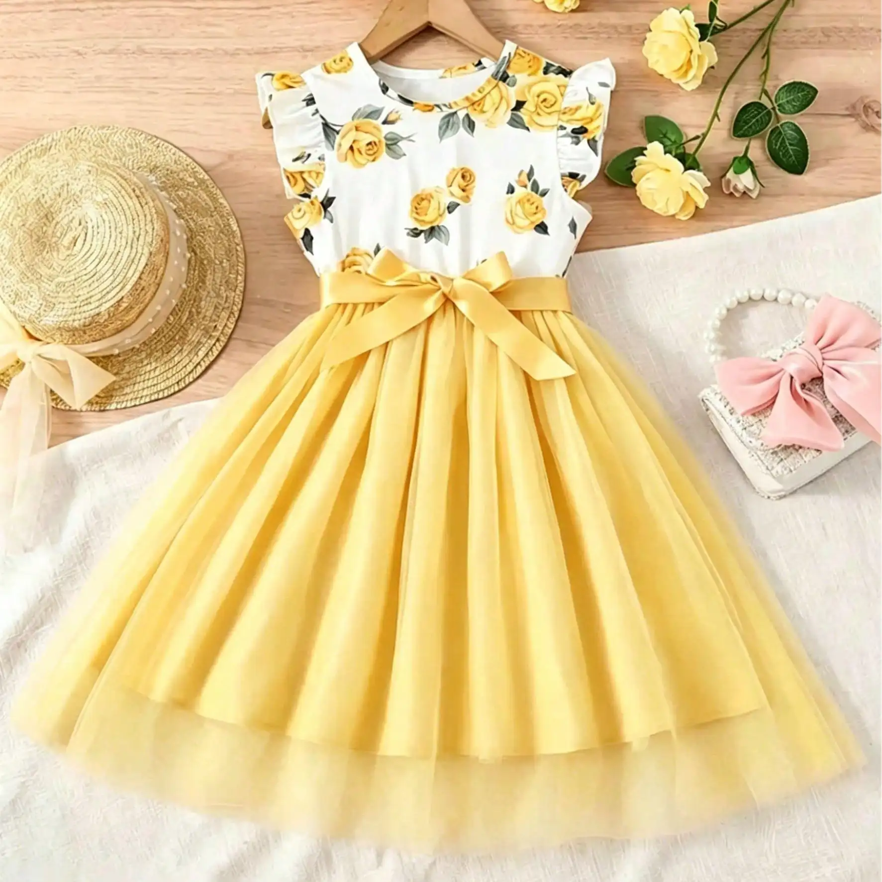 Girls round Neck Dress Ruffle Edge Waist Strap Flower Print Mesh Mid-Length Skirt Children's Fashion Clothing