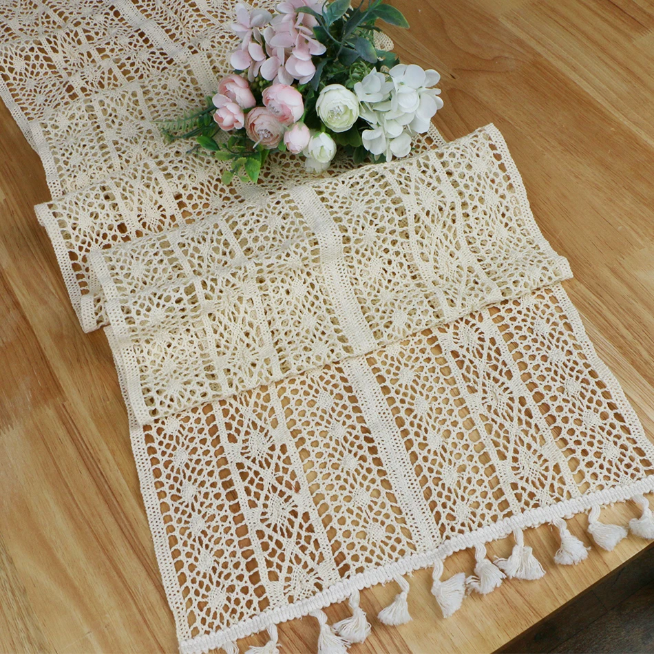 Beige Crochet Tassel Table Runner,Cotton Blende Fabric for Kitchen Dining Coffee Table Wedding Birthday Holiday Decor