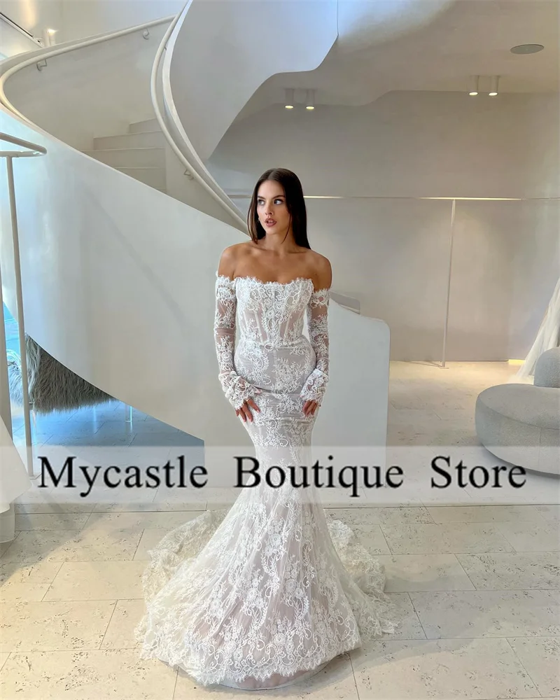 

Boho White All Lace Appliques Off the Shoulder Wedding Dresses 2025 Customized vestidos de fiesta Mermaid Long Train Party Dress