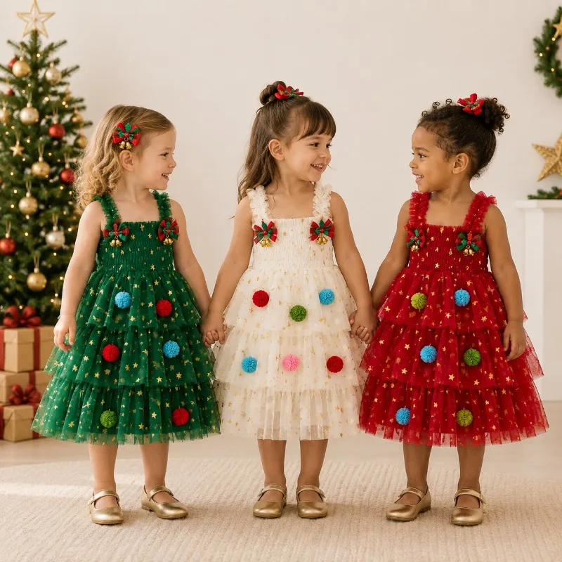 Girls Christmas Tree Dress Toddler Princess Tulle Dress Gold Star Xmas Party Dress Kids Holiday Birthday Pageant Costume Outfit