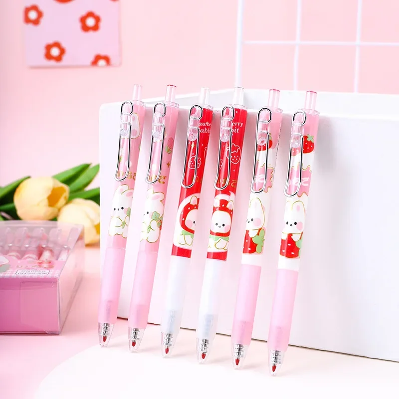 6 pcs Random Cartoon Chubby Rabbit Strawberry Mechanical Gel Pen Stationery For Writing School Office Supplies Cute Pens