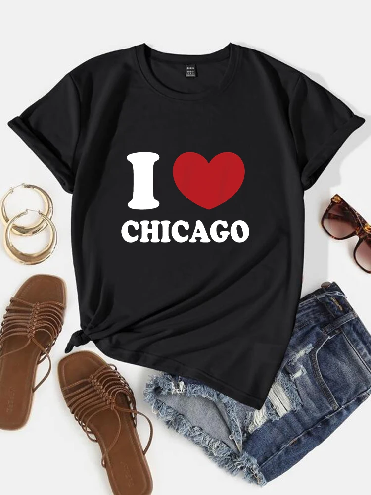 I Heart Chicago Letter Graphic Polyester Breathable Tee Shirt Crew Neck Casual TShirts For Women Mother's Father's Day Gifts Tee