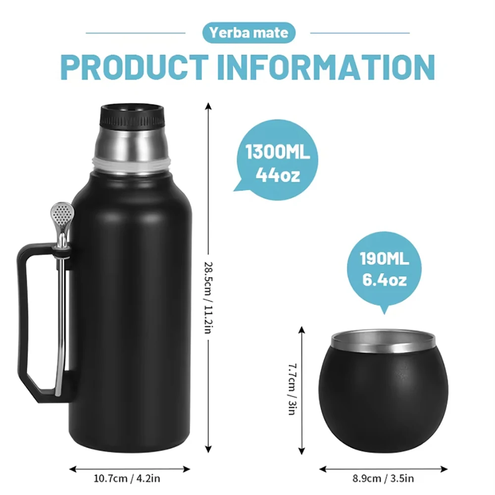 زجاجة معزولة سعة 1300 مل لسيارة يربا ميت، ترمس يربا ميت مزدوج الجدران مع كوب قابل للفصل ومجموعة كومبو من قش بومبيلا - محمول