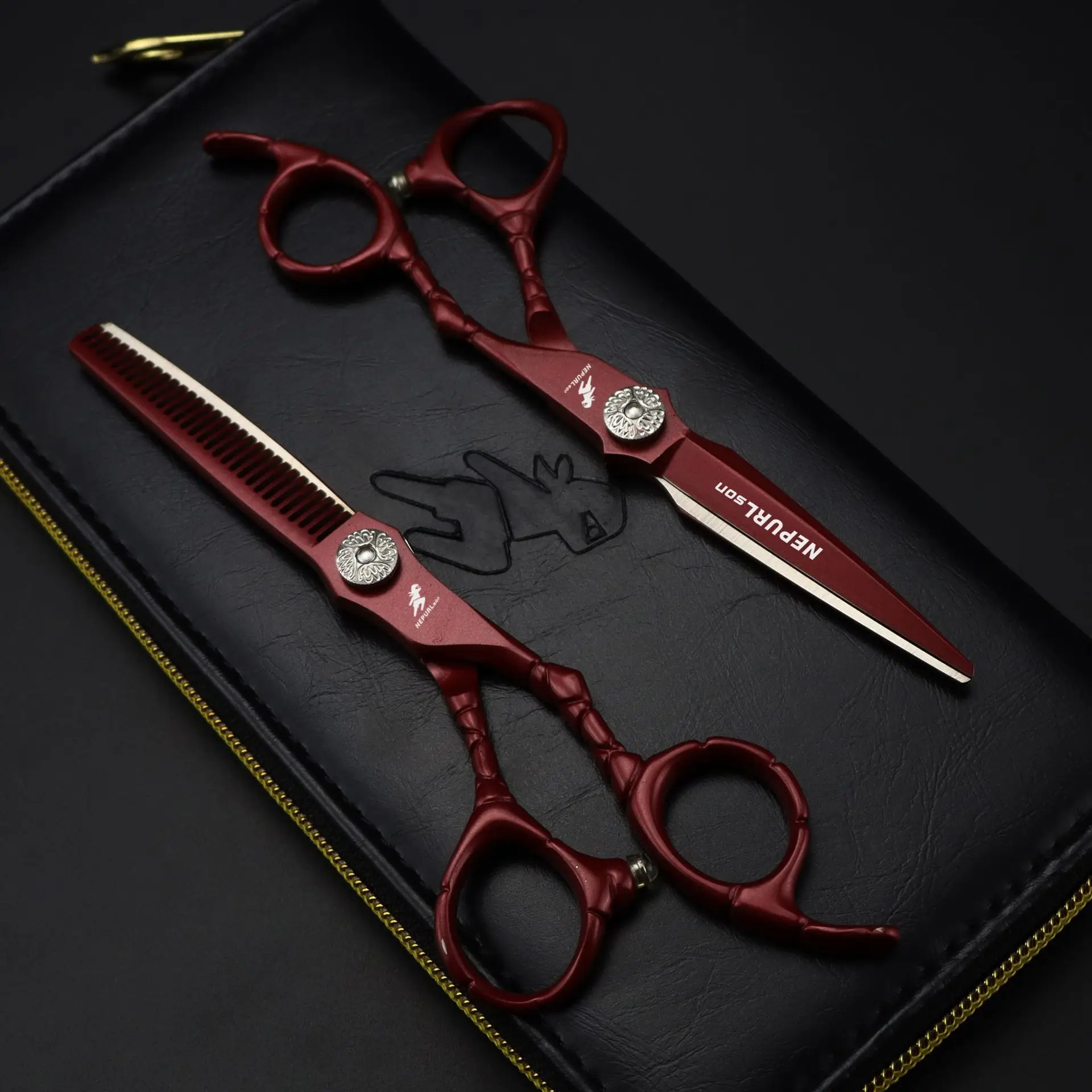 NEPURLSON 6.0-inch red hair scissors - flat hair cutting shears with thinning function