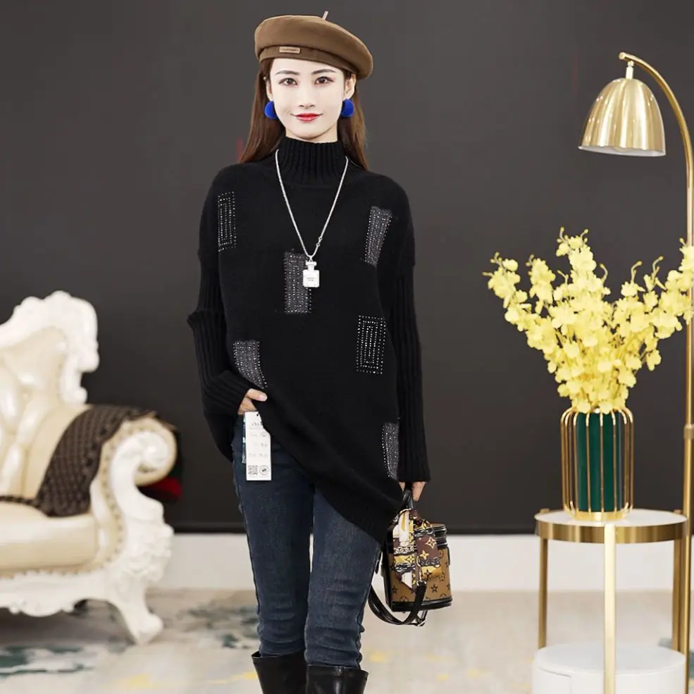 

Mid-length Loose Sweater for Women in Spring Autumn New Versatile Temperament Solid Color Pullover Iron Diamond Thick Sweater