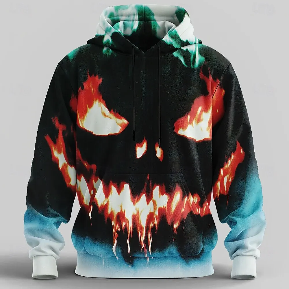 Halloween Men's Horror Face Hoodie Sweatshirt Punk Exaggerated Crew Neck Club Streetwear Yellow Orange Drawstring Fall Winter
