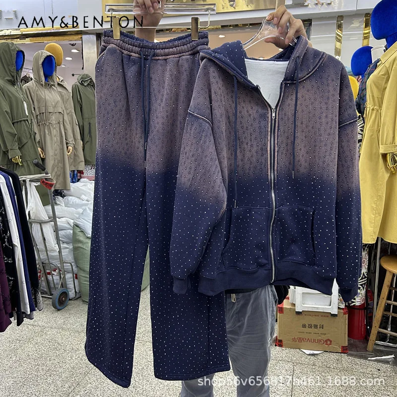 

Winter New Heavy Industry Full Rhinestone Hooded Loose Long Sleeves Zipper Fleece Top Jacket Elastic Waist Long Pants 2pcs Set