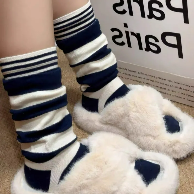 Y2K Striped Double Layer Spliced Leg Warmers for Women Fashion Kinitted Knee-High Leg Warmers Girls Japanese Long Tube Stockings