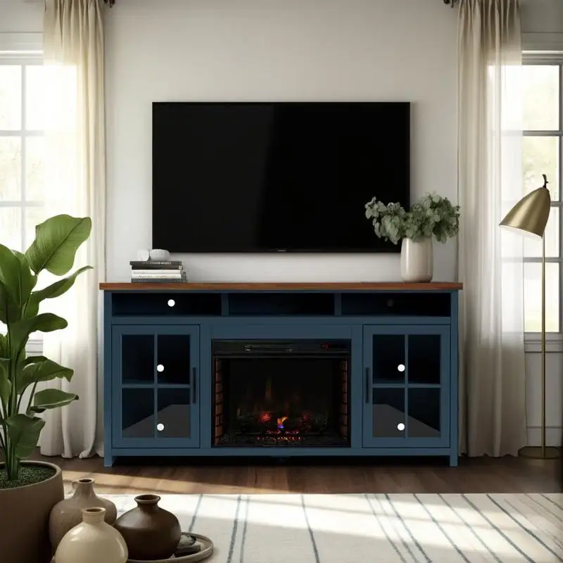 

74-inch Fireplace TV Stand Console for TVs up to 85 inches, Easy Assembly, Blue Denim and Whiskey Finish, Modern Design for