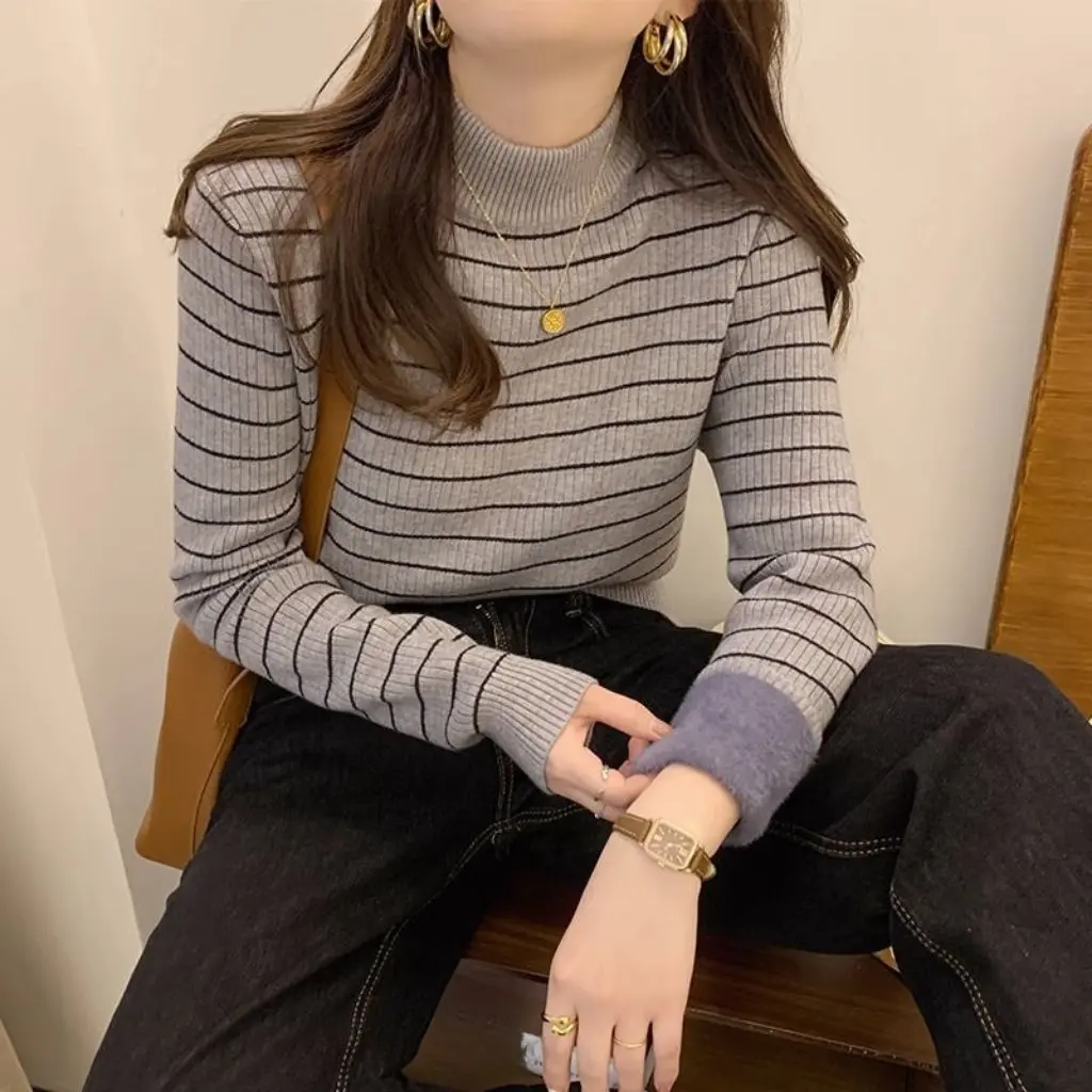 

Women's Striped Sweater Autumn Winter Thickened Velvet Base Shirt Half-High Collar Warm Top for