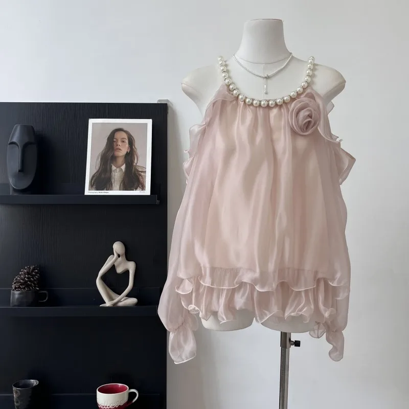 

Elegant Ruffle Lace Up Shirt Women Solid See Through Long Flare Sleeve Loose Shirts 2025 Fashion Summer Pleated Top