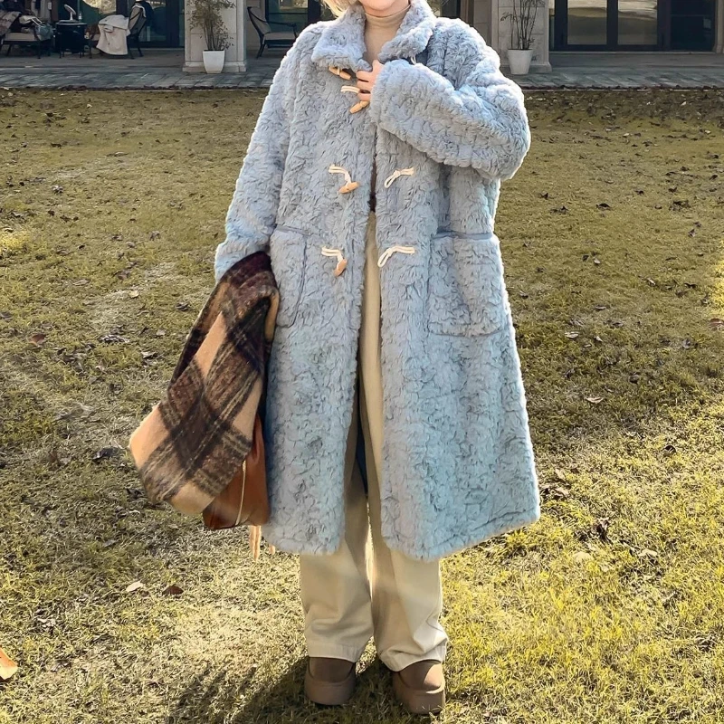 

2024 New Cow Horn Button Lamb Fur Loose Winter New Thick Long Cotton Clothing for Women