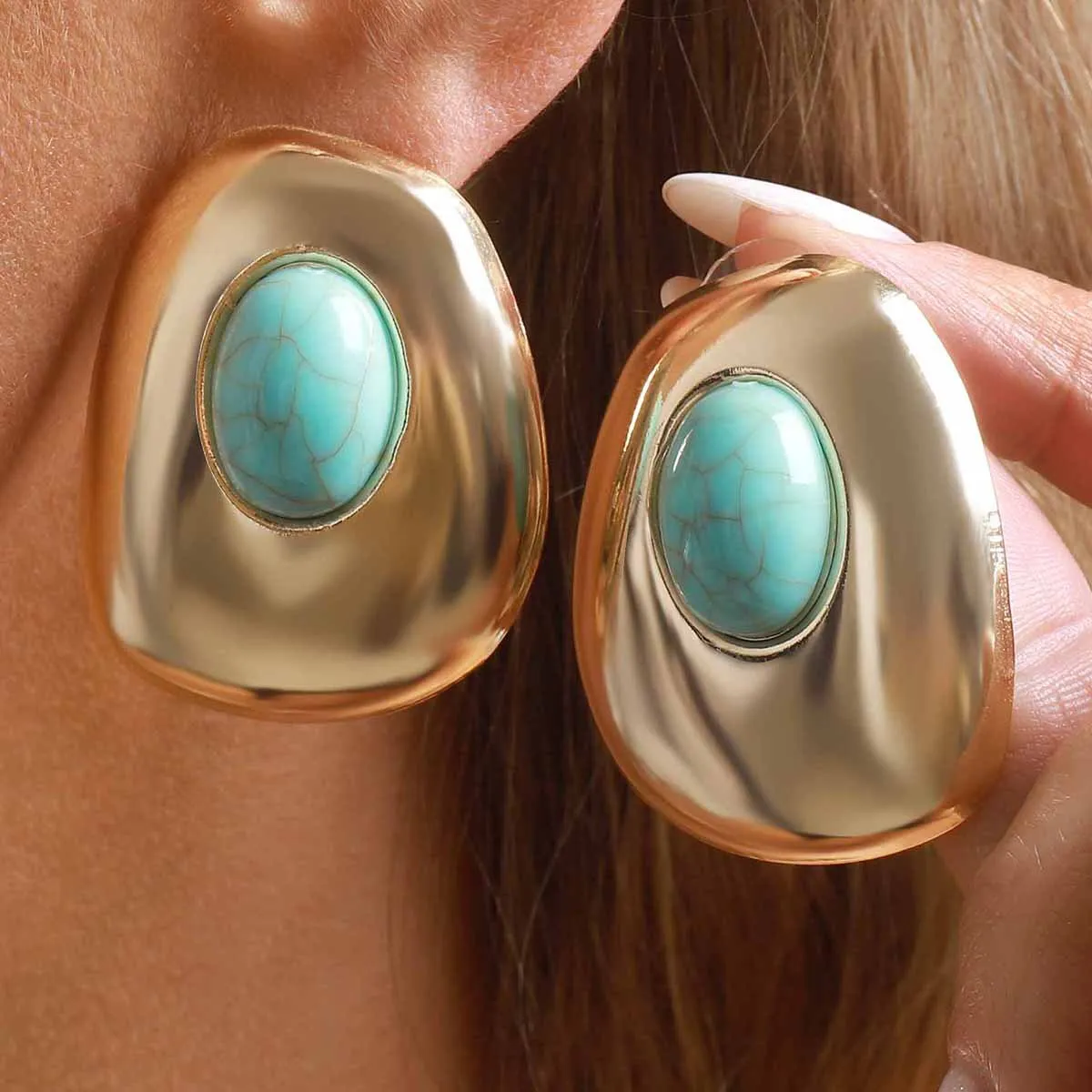 E14537 temperament retro geometric square metal earrings, generous personality micro-inlaid turquoise versatile earrings