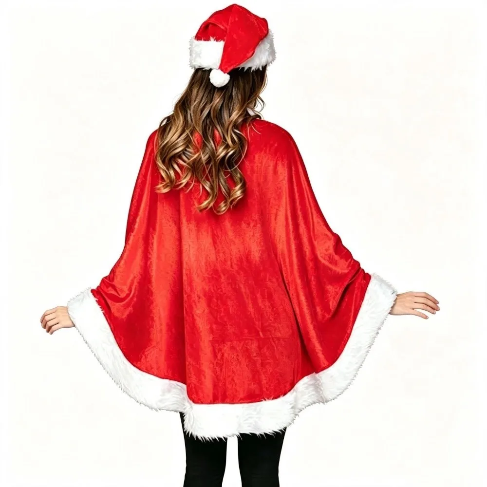 Fashion Polyester Christmas Cloak and Hat Plush Warm Xmas Cape Shawl Cosplay Costume Santa Claus Costume Kids