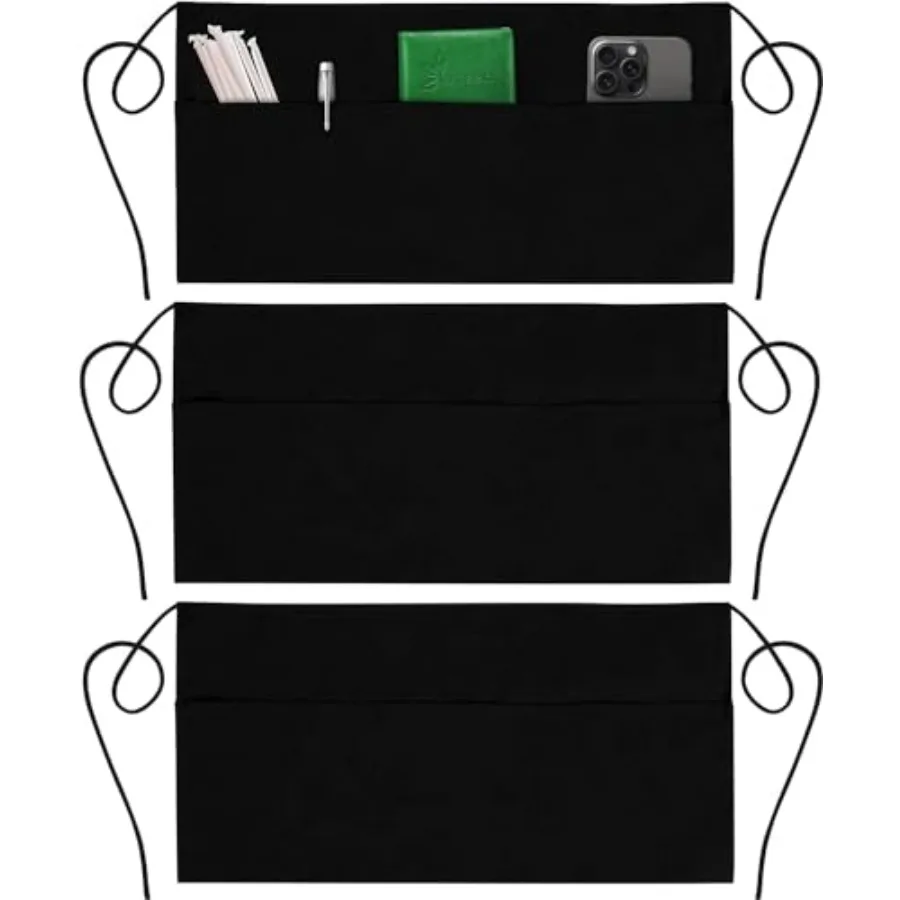 

3 Pack Server Aprons with 3 Pockets - Waist Apron, Waitress Apron for Women and Man, Water Resistant with Long Waist Strap Rein